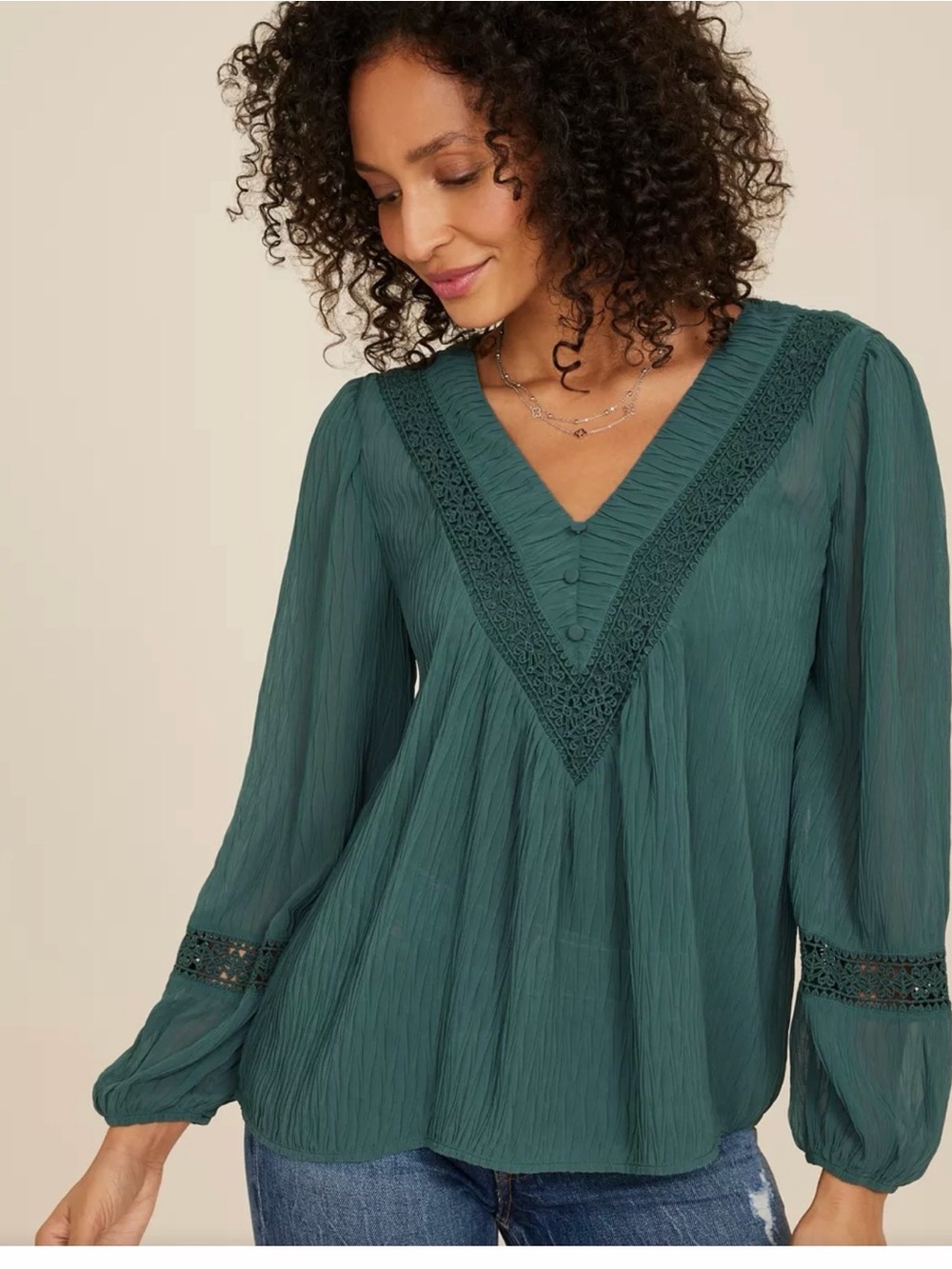 Maurices Crochet Trim V Neck Blouse Teal Size L